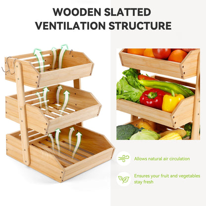 Fyvva Bamboo Fruit Basket, 3-Tier Fruit Basket for Kitchen Counter, Large Fruit Bowl with 2 Banana Hangers for Storing Fruit, Vegetables, and Organising Snacks, Bread (Natural)