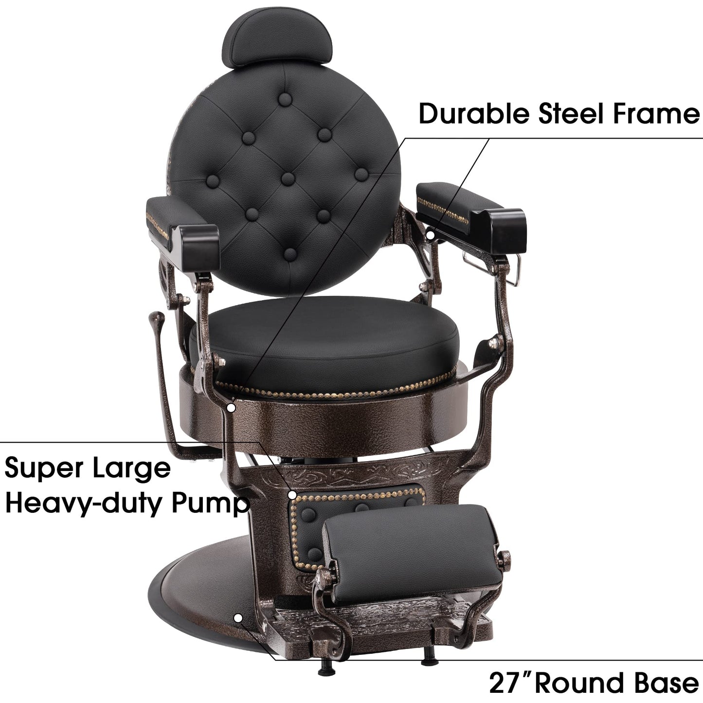 BarberPub Vintage Barber Chair Heavy Duty Metal Frame All Purpose Hydraulic Recline Salon Beauty Spa Chair Styling Equipment 9207 (Black)