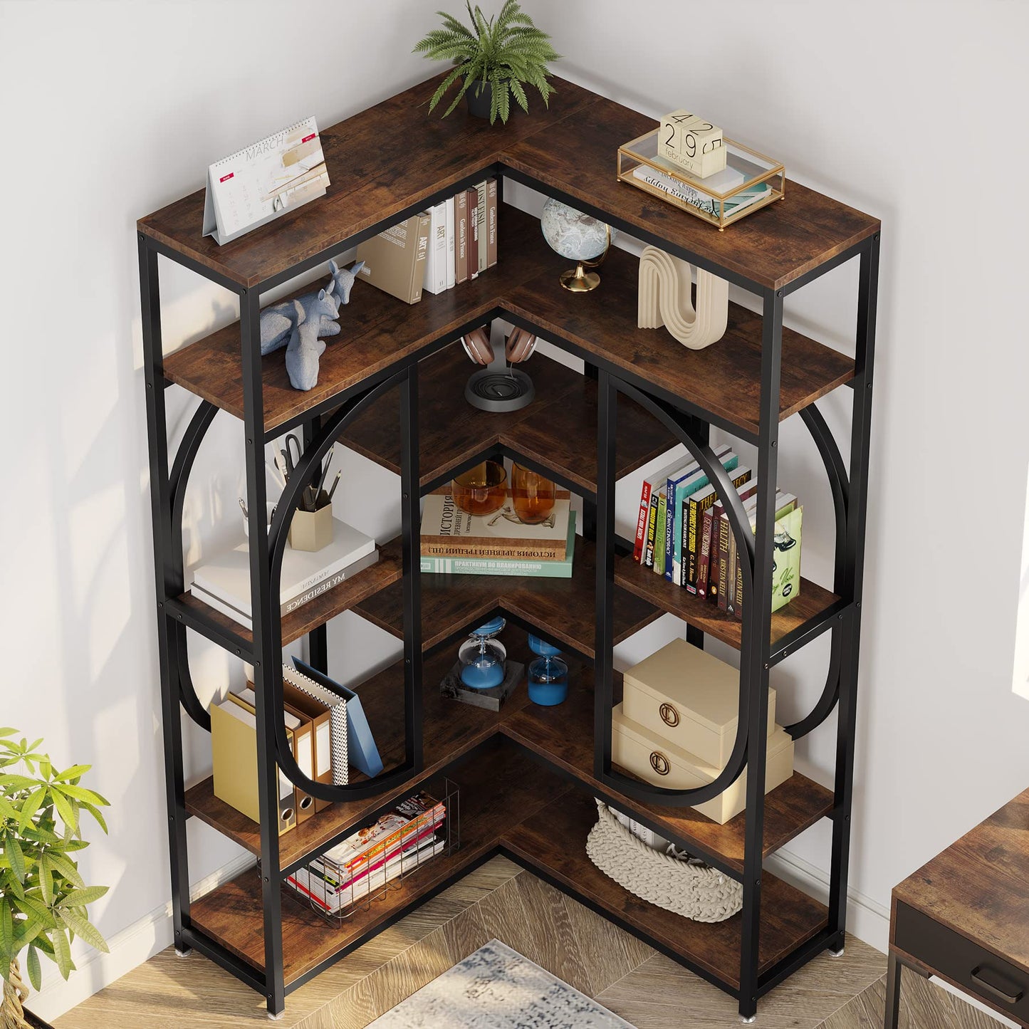 LITTLE TREE Large Corner Bookshelf Industrial Bookcase for Living Room Home Office,Brown