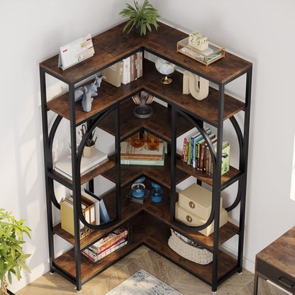 LITTLE TREE Large Corner Bookshelf Industrial Bookcase for Living Room Home Office,Brown