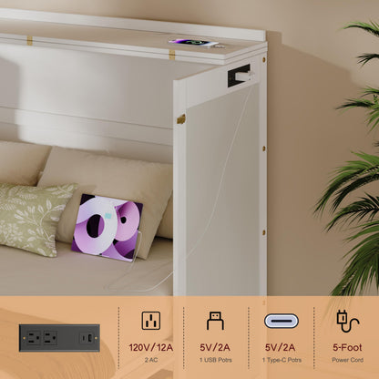 KEIKI Queen Murphy Bed Cabinet with Storage Drawers, Chest Cube Bed for Guest Room, Built-in Sockets & USB Ports, for Home Office or Small Bedroom, White