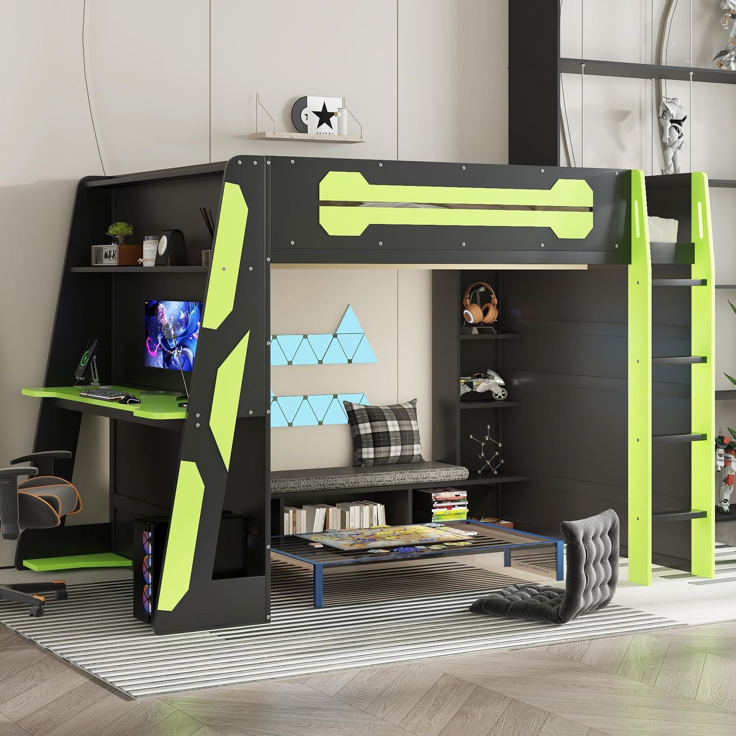 Full Size Wood Gaming Loft Bed with Desk, Full Loft Bed with Multi-Storage Shelves, Light and Charging Station for Teens, Adults Desk Built-in Console Shelf Underneath No Box Spring Needed, Green