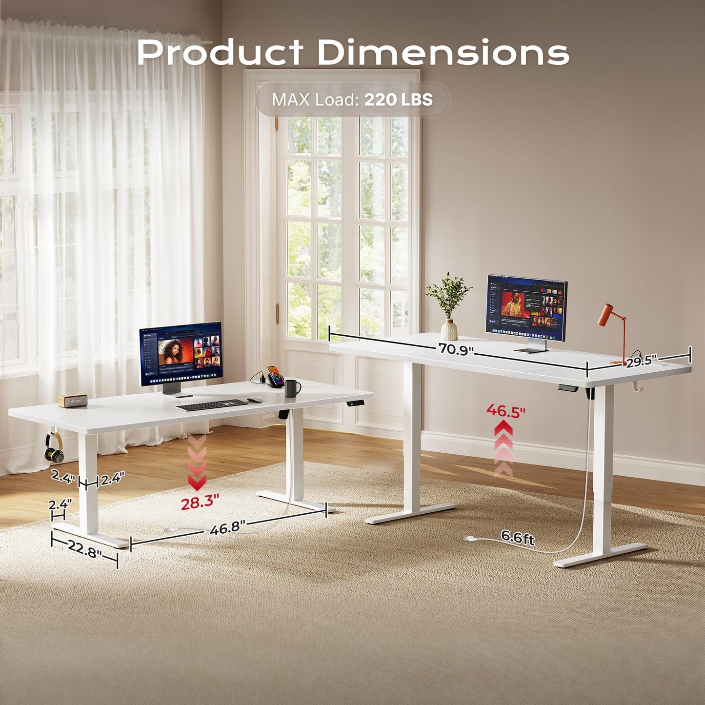 Huuger 71 X 30 Inch Electric Standing Desk with Power Outlets and USB-C Port, Height Adjustable Desk, Sit Stand Desk for Home Office, Computer & Gaming Desk with 4 Presets, Stable Steel Frame, White