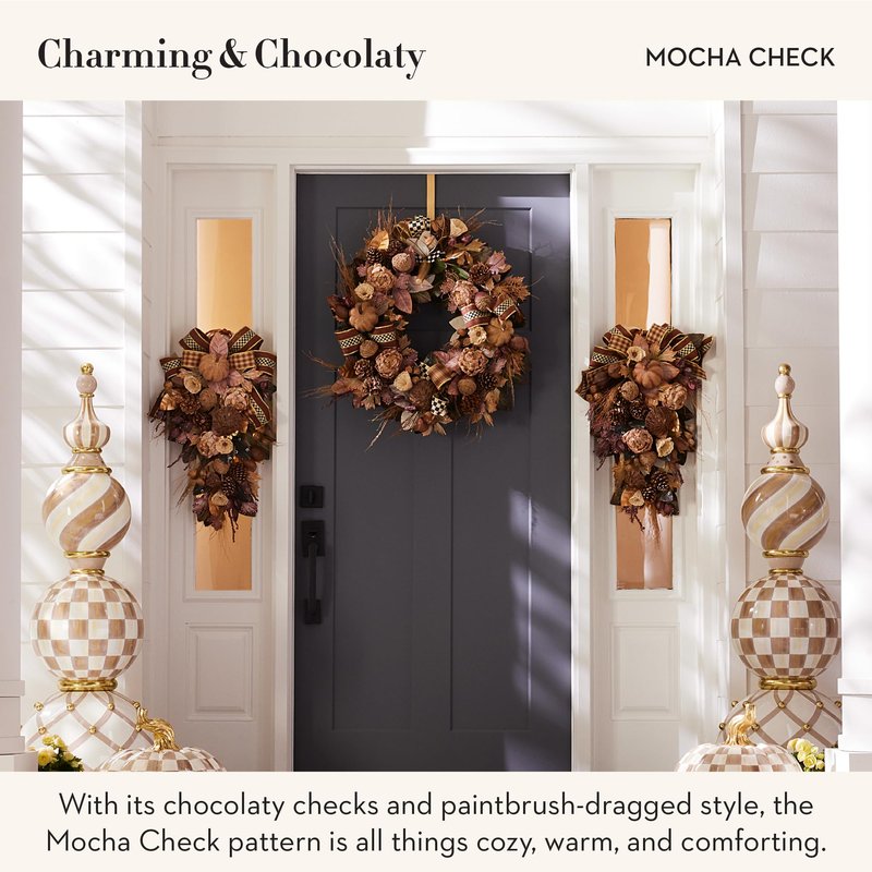MACKENZIE-CHILDS Wreath Hanger, Door Hanger for Seasonal Decor, Brown-and-White Mocha Check