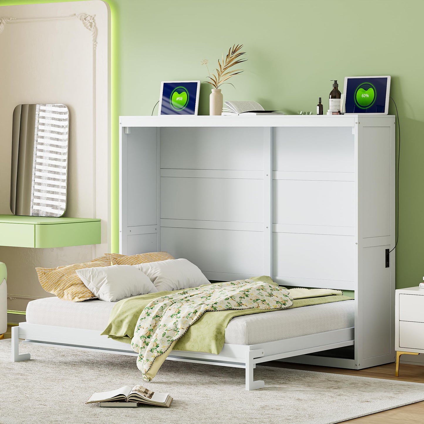 Ball & Cast Murphy Bed Queen Size Wall Chest with Charging Station and Slat Support,Wood Hideaway Cabinet Platform Bedframe w/Leg,can be Folded,Space-Saving,for Small Room,Dorms,White