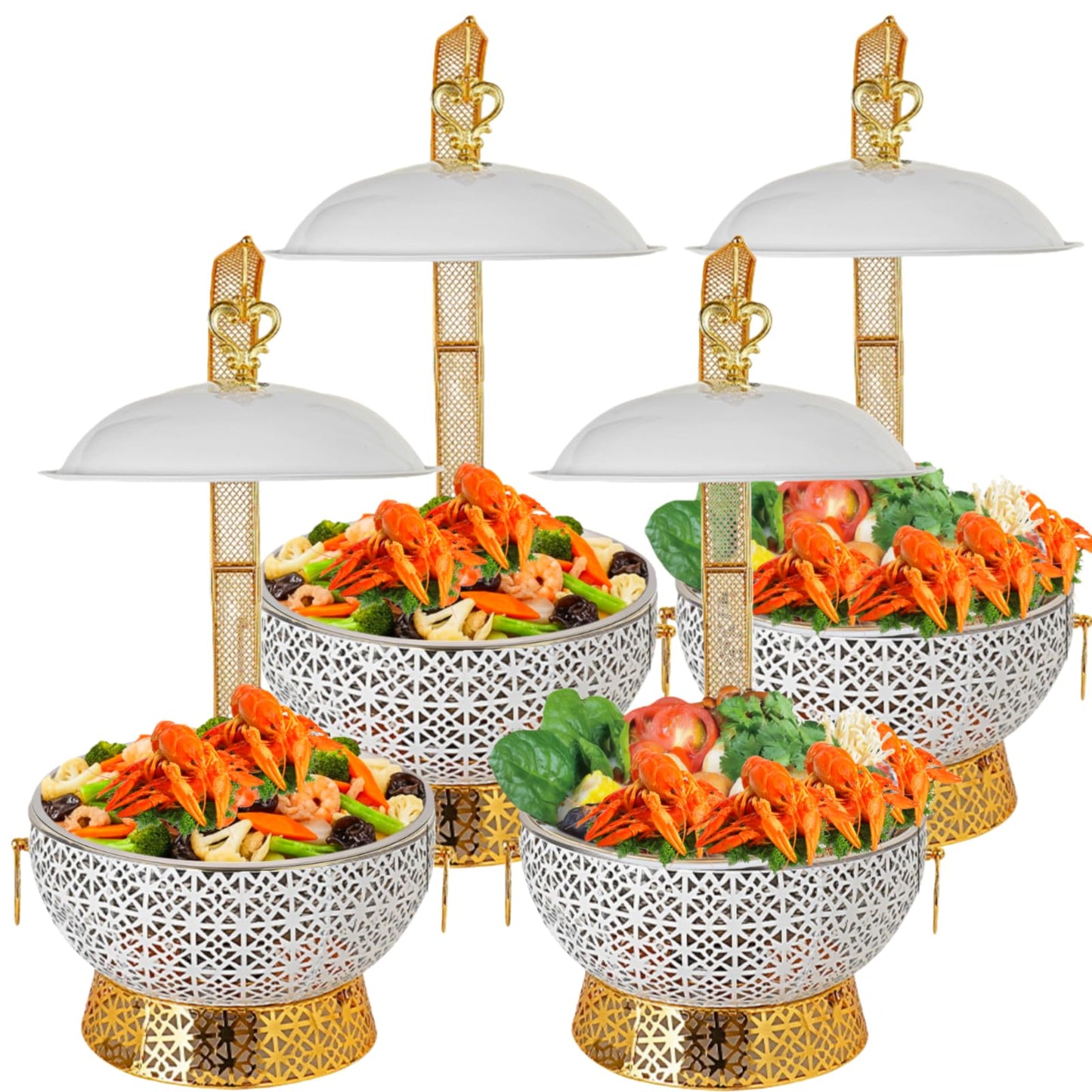 8QT White Chafing Dishes for Buffet 4 Pack, Round Stainless Steel Luxury Food Warmer for Parties Buffet, Elegant Hollow-Out Buffet Warmer for Hotel, Weddings, Home Parties, Christmas Gatherings (4)
