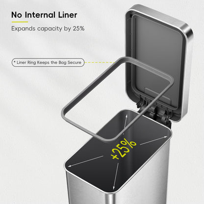 EKO Hudson Slim 50L / 13.2 Gallon Kitchen Trash Can with Lid, Stainless Steel Step Garbage Can for Kitchen or Home, Space-Saving Garbage Can with Soft Close Lid, Stay-Open, Liner Ring, Handle