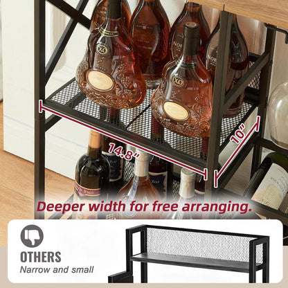 MNEETRUNG Wine Bar Cabinet, Rustic Freestanding Wine Rack with Glass Holder and Fence, Bar Cabinet with 2 Tier Storage, Liquor Shelf for Home Bar, Rustic Brown