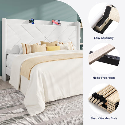 Allewie King Size Platform Bed Frame with Charging Station and Storage Shelf/Upholstered Velvet Wingback Headboard/Wooden Slats Support/No Box Spring Needed/Easy Assembly, White