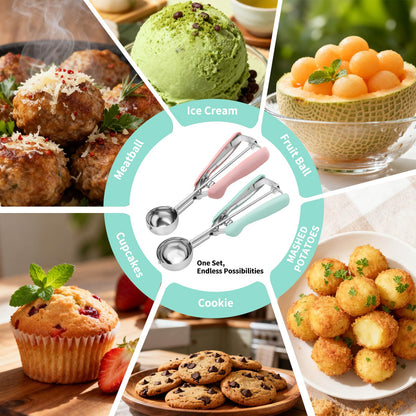 Cookie Scoops for Baking Set of 2, 18/8 Stainless Steel Ice Cream Scoop Set with Ergonomic Soft Grip, Spring Trigger Release Cookie Dough Scooper for Cupcakes, Muffins, Meatballs - Pink & Mint Green