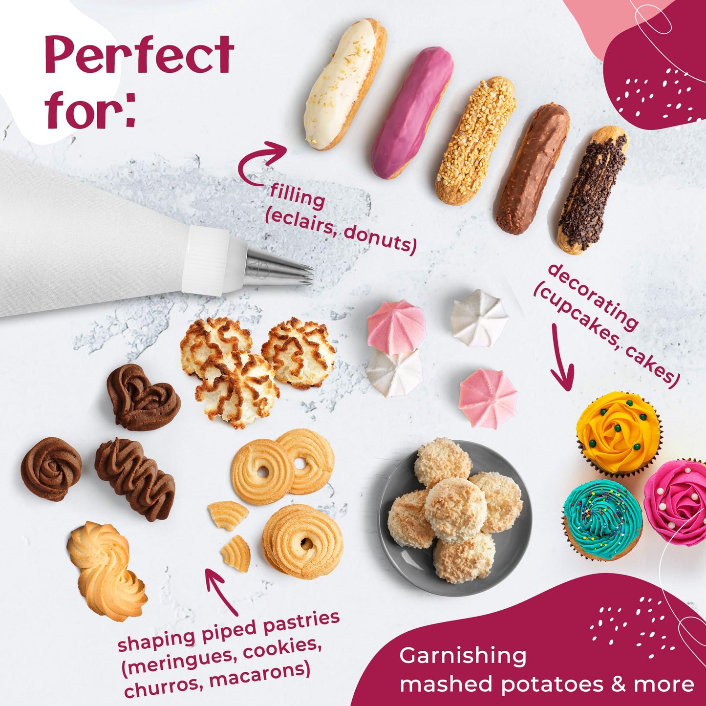 Cake Decorating Kit – Reusable 16" & 14" Cotton Piping Bags with 10 Large Stainless Steel Icing Tips – Durable, Food-Grade & Dishwasher Safe