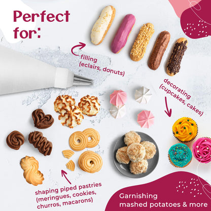 Cake Decorating Kit – Reusable 16" & 14" Cotton Piping Bags with 10 Large Stainless Steel Icing Tips – Durable, Food-Grade & Dishwasher Safe