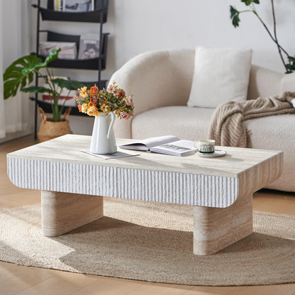 KEIKI 47" Coffee Table with Fluted Drawer, Oval Wood Coffee Table with Faux Marble Tabletop for Living Room or Office, Stylish Accent Table for Apartment or Studio, Beige Brown