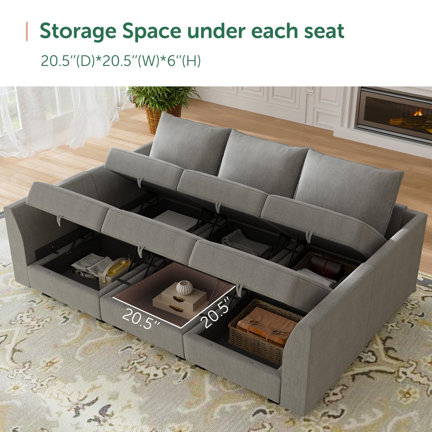 HONBAY Modular Sectional Sleeper Sofa Reversible Modular Couch with Storage Seats Modular Sleeper Sectional Sofa with Storage Ottoman, Grey