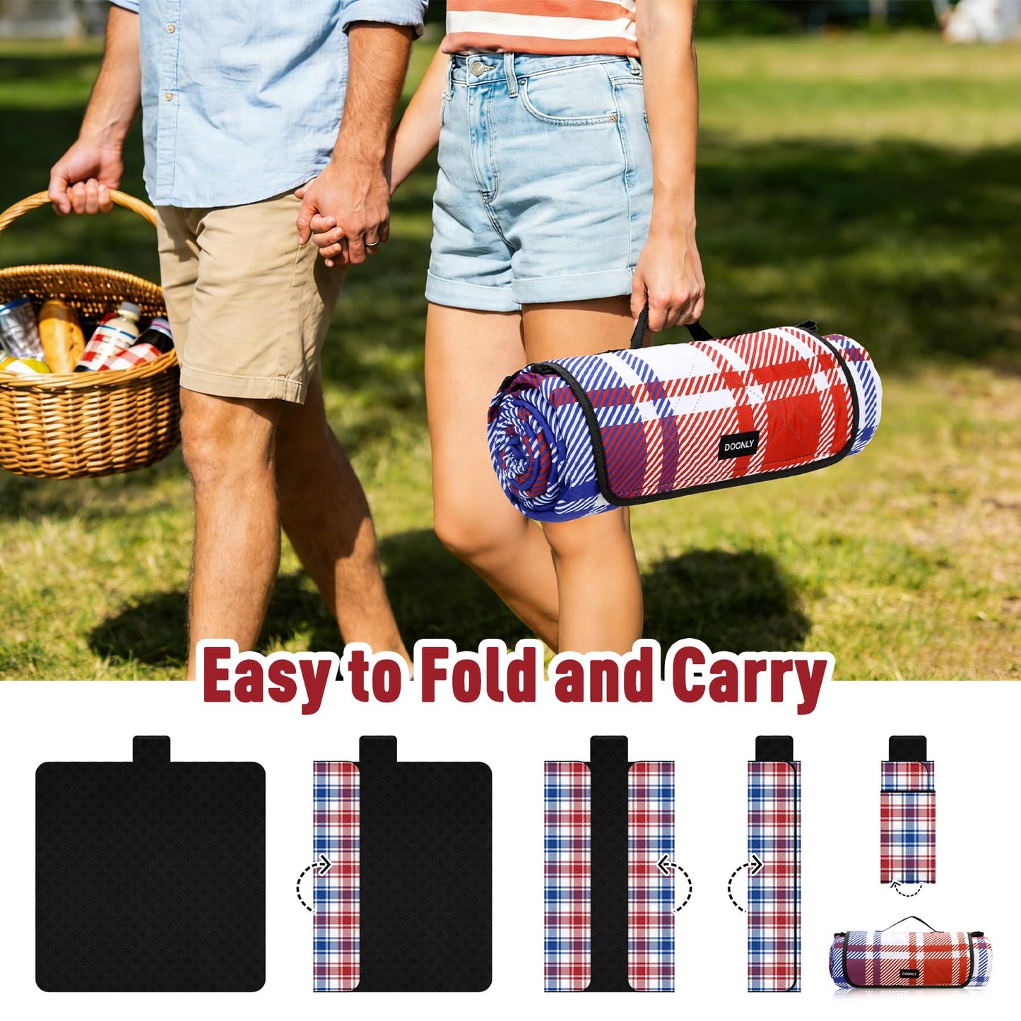 Doonly Picnic Blanket, 78" x 78" Large Waterproof Sandproof Beach Blanket, Foldable Outdoor Blanket Picnic Mat for Beach, Camping, Park, Grass, Lawn, Travel (Blue/Red/White)