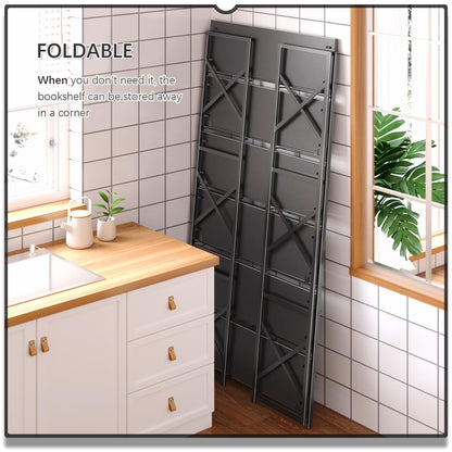 4NM Extra Wide 6 Tiers No Assembly Book Shelves, 61.8" H Folding Bookshelf Bookcase Open Industrial Foldable Shelves for Bedroom, Living Room, Home Office - All Black