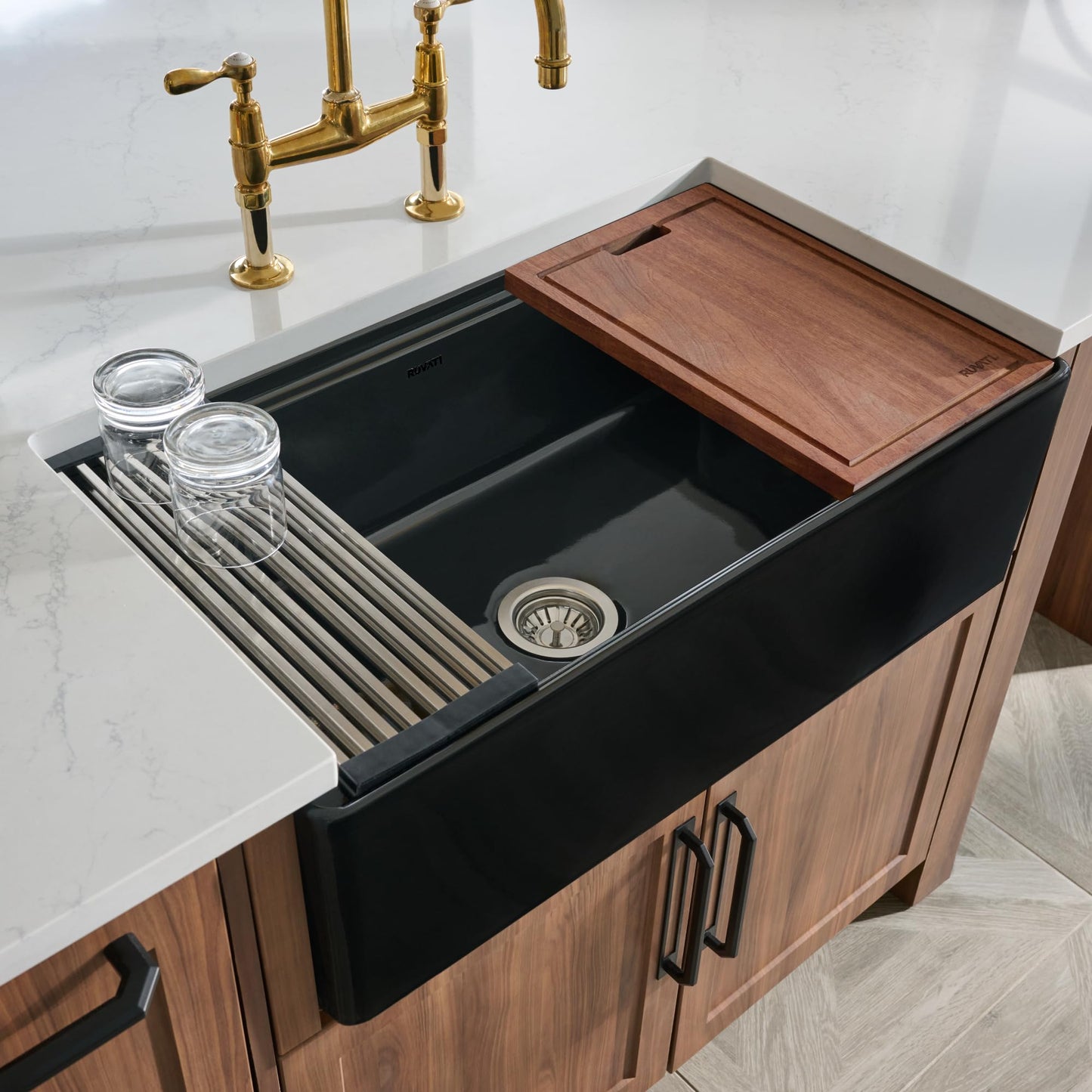 Ruvati 33 inch Fireclay Workstation Black Farmhouse Kitchen Sink Apron Front Single Bowl – RVL2387BK