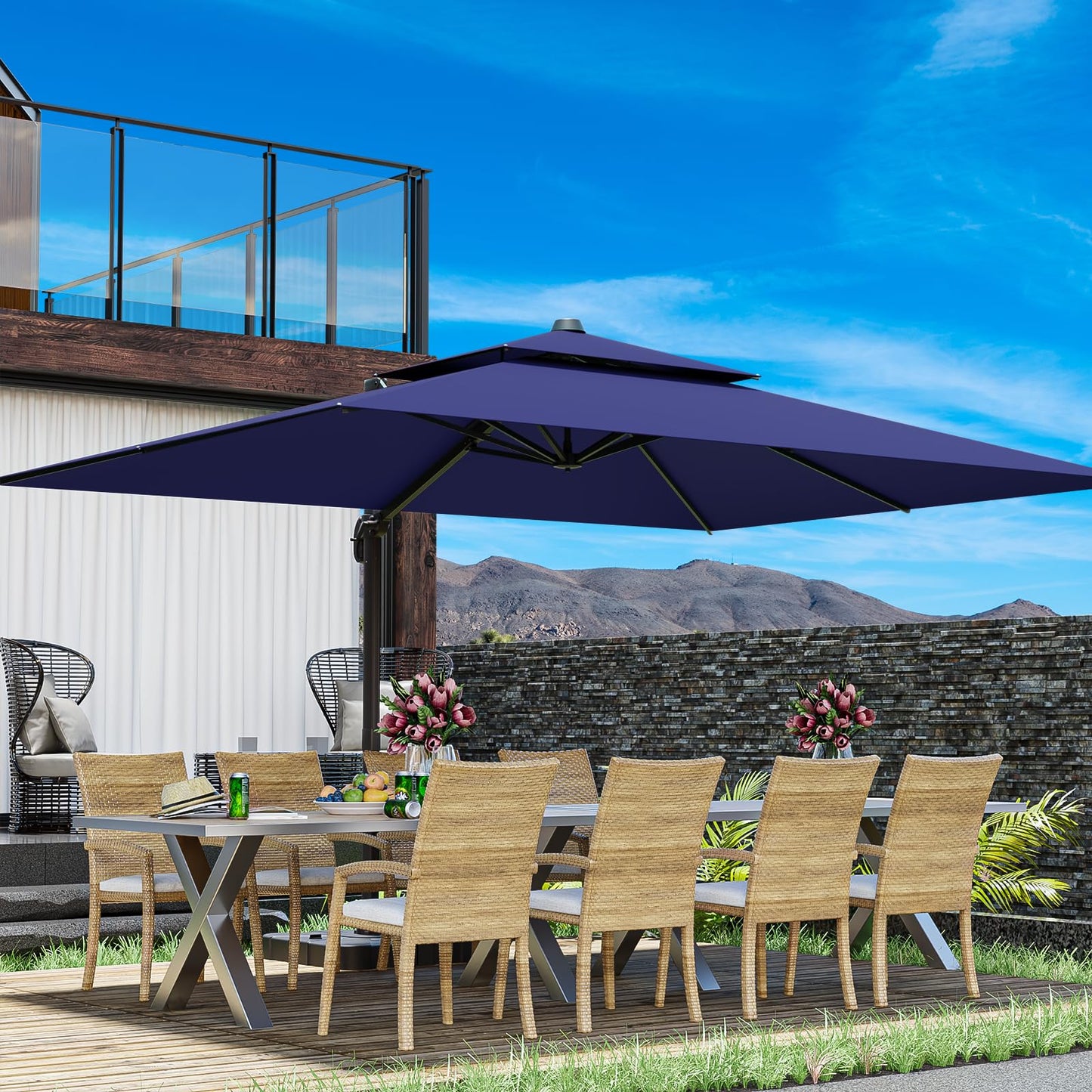 ZLACUIU 10x13FT Cantilever Outdoor Patio Umbrellas, Double Top Large Rectangle Umbrella, Heavy Duty 360° Rotation Offset Outdoor Sun Shade Umbrella for Garden Deck Pool Backyard Patio, Navy Blue