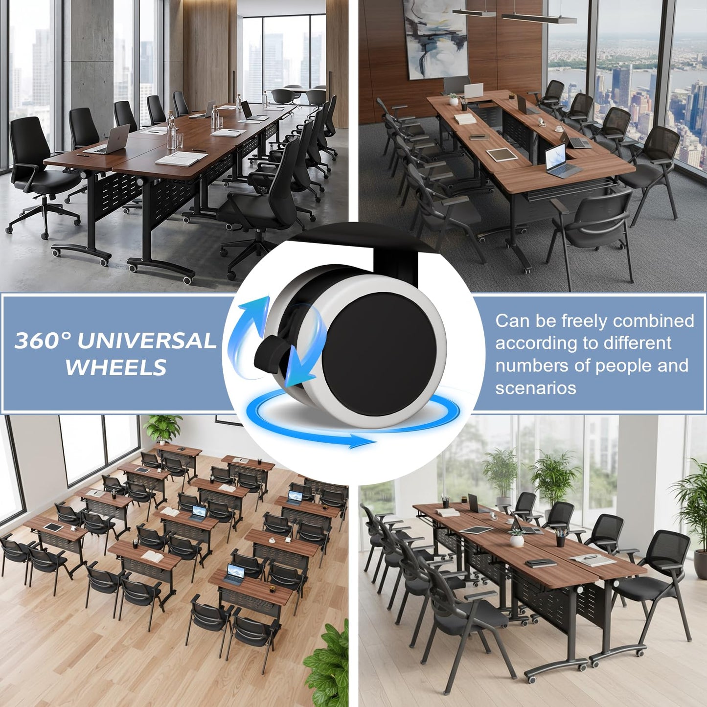 Usosidam 47.2" Folding Conference Tables, Modular Conference Room Table with Silent Lockable Wheels, Flip Top Training Table,for Office Classroom Seminar, for 6-12 Person, Walnut 2, 8 Pack