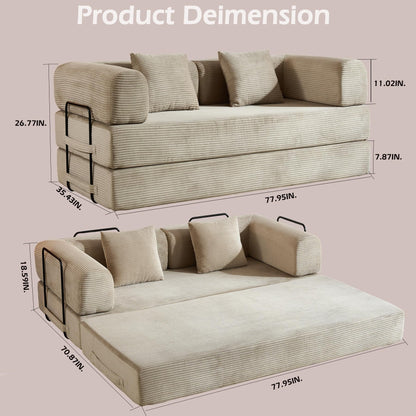 KEIKI Convertible Sleeper Sofa Bed with Cylindrical Pillow, Corduroy Folding Mattress Couch with Sturdy Frame, 4-in-1 Floor Sofa Lounge Sleeper Bed for Living Room Bedroom, Beige