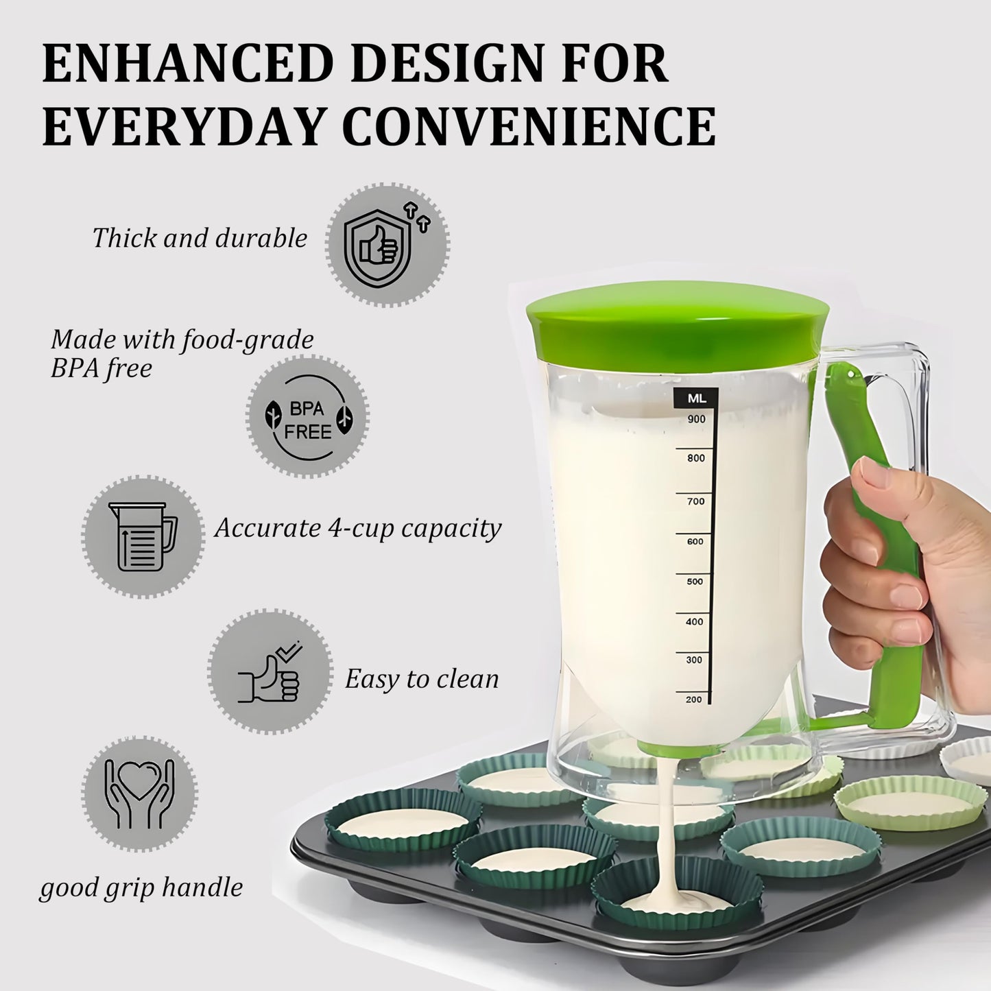 SoKalChw Pancake Batter Dispenser with Measuring Label, 4 Cup Capacity, 900ml With Squeeze Handle Kitchen Dispenser Bottle for Pancakes, Waffles, Muffins, Green