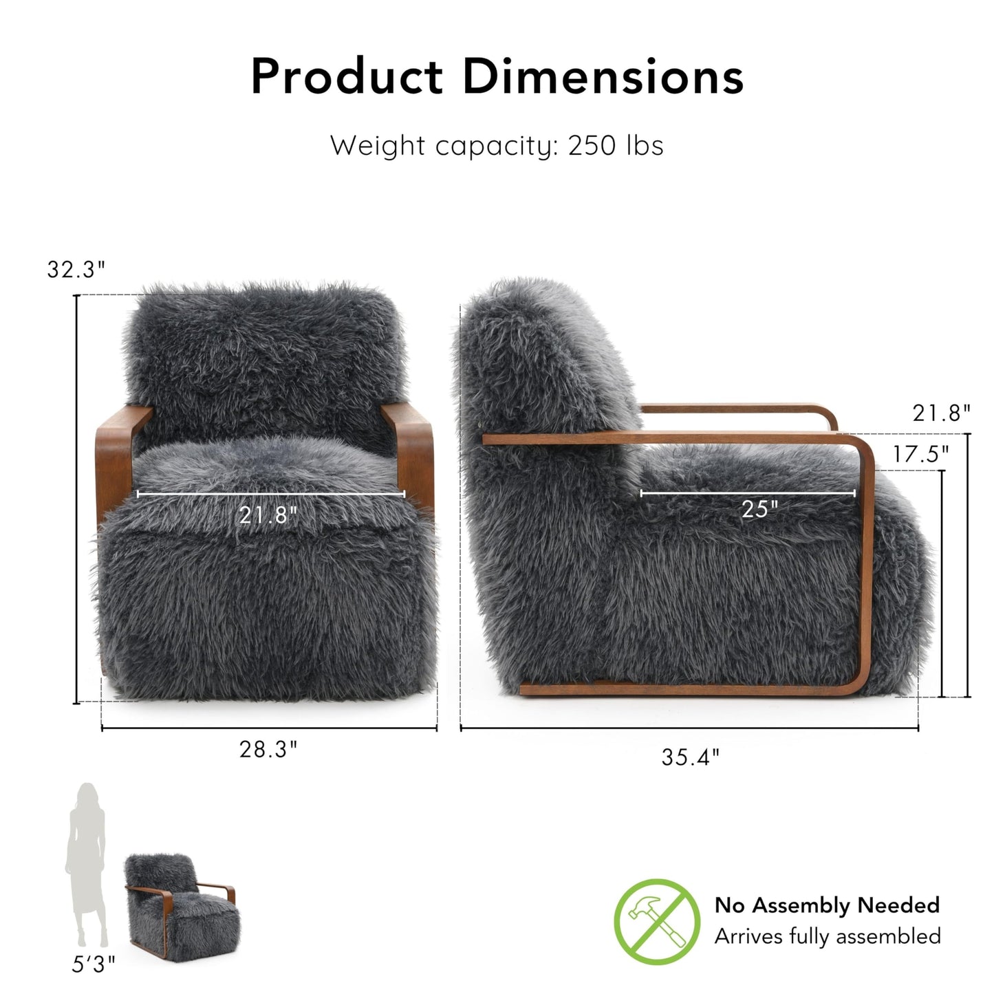 Furniture of America Ramos Modern Lounge Chair with Ultra Soft Faux Fur, Long-Haired Accent Sofa, Tight Seat and Back Single Couch, Fluffy Living Room Seating, No Assembly Needed, Charcoal Gray