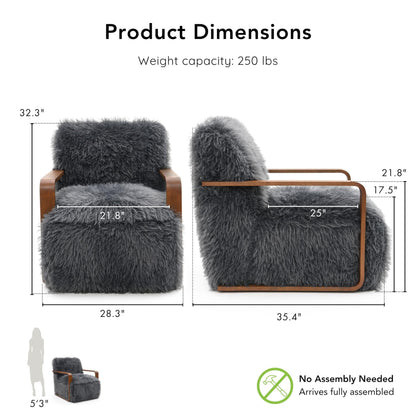 Furniture of America Ramos Modern Lounge Chair with Ultra Soft Faux Fur, Long-Haired Accent Sofa, Tight Seat and Back Single Couch, Fluffy Living Room Seating, No Assembly Needed, Charcoal Gray