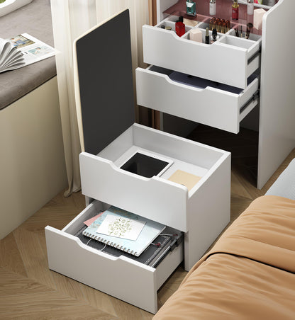 KEIKI Vanity Desk with Plip Top Mirror, 3 in 1 Make Up Vanity Set with 3 Drawers, Dressing Table with Stool for Bedroom, White