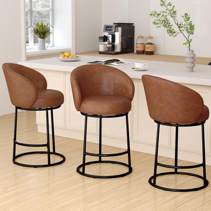 SAECKBERG Swivel Counter Height Bar Stools Set of 3, 26" H Modern Bar Height Stools for Kitchen Island, Upholstered Barstools with Backs, Brown Counter Stools Chairs, Faux Leather