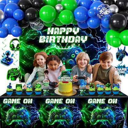 Video Game Birthday Decorations,260pcs Gaming Party Decorations Gamer Birthday Party Decorations Plates and Napkins Cups Tablecloth, Game Party Decorations for Boys Cake Topper Hanging Swirls