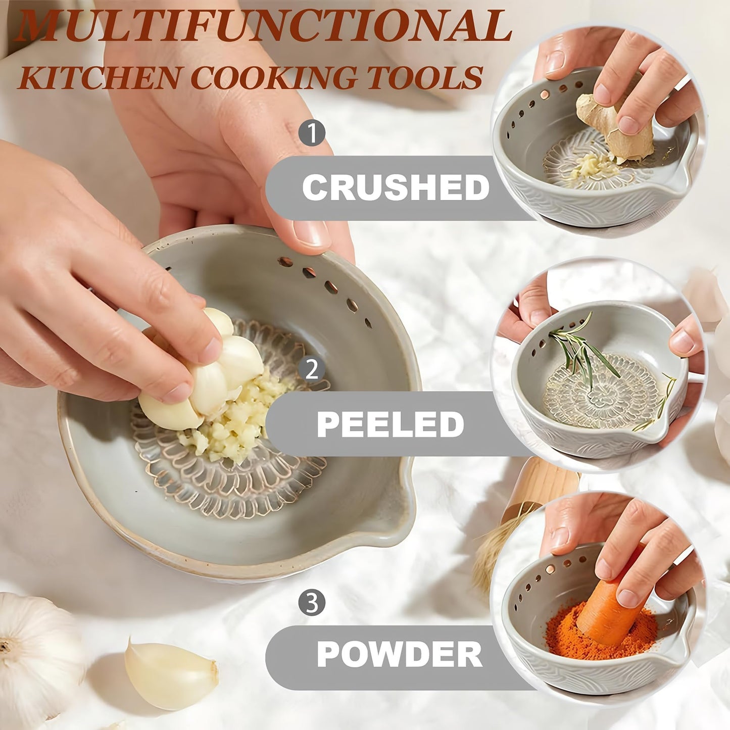 RIJATRAGAR Handmade Ceramic Garlic Grater Plate, 2-In-1 Herb Stripper Bowl With 7 Hole Sizes