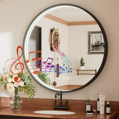 JSneijder 36 Inch Bluetooth Bathroom Mirror with LED Lights, Black Frame Round Vanity Mirror with Lights and Bluetooth, Anti-Fog, Dimmable, 3000K/4500K/6000K, CRI 90+,Memory Function