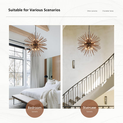 lighceac 37.4" Farmhouse Sputnik Chandelier for Dining Room Rustic Handmade Natural Wood 18-Light Hanging Ceiling Pendant Light Fixture Starburst Wood Chandeliers for Kitchen Bedroom Foyer Hallway
