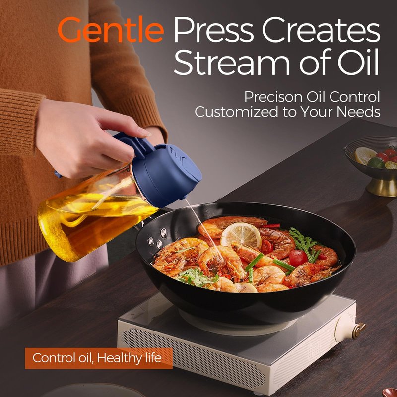 YARRAMATE 16oz/470ml Glass Olive Oil Sprayer for Cooking with Stickers, 2 in 1 Oil Dispenser for Kitchen Gadgets, Food Grade Premium Spray Bottle with Portion Control for Salad, BBQ (Navy)