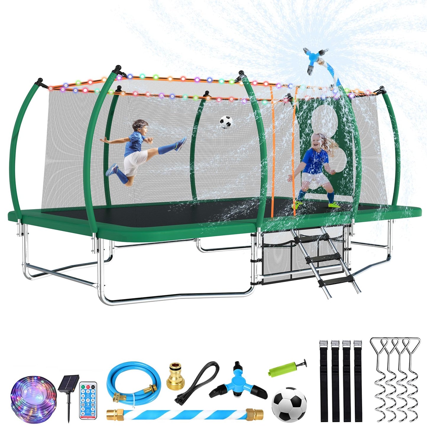 Lyromix 16FT Outdoor Rectangle Trampoline for Kids and Adults, Rectangular Trampoline with Curved Poles, Pumpkin Trampolin with Light, Sprinkler, Soccer and Storage Bag
