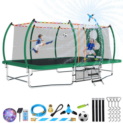 Lyromix 16FT Outdoor Rectangle Trampoline for Kids and Adults, Rectangular Trampoline with Curved Poles, Pumpkin Trampolin with Light, Sprinkler, Soccer and Storage Bag