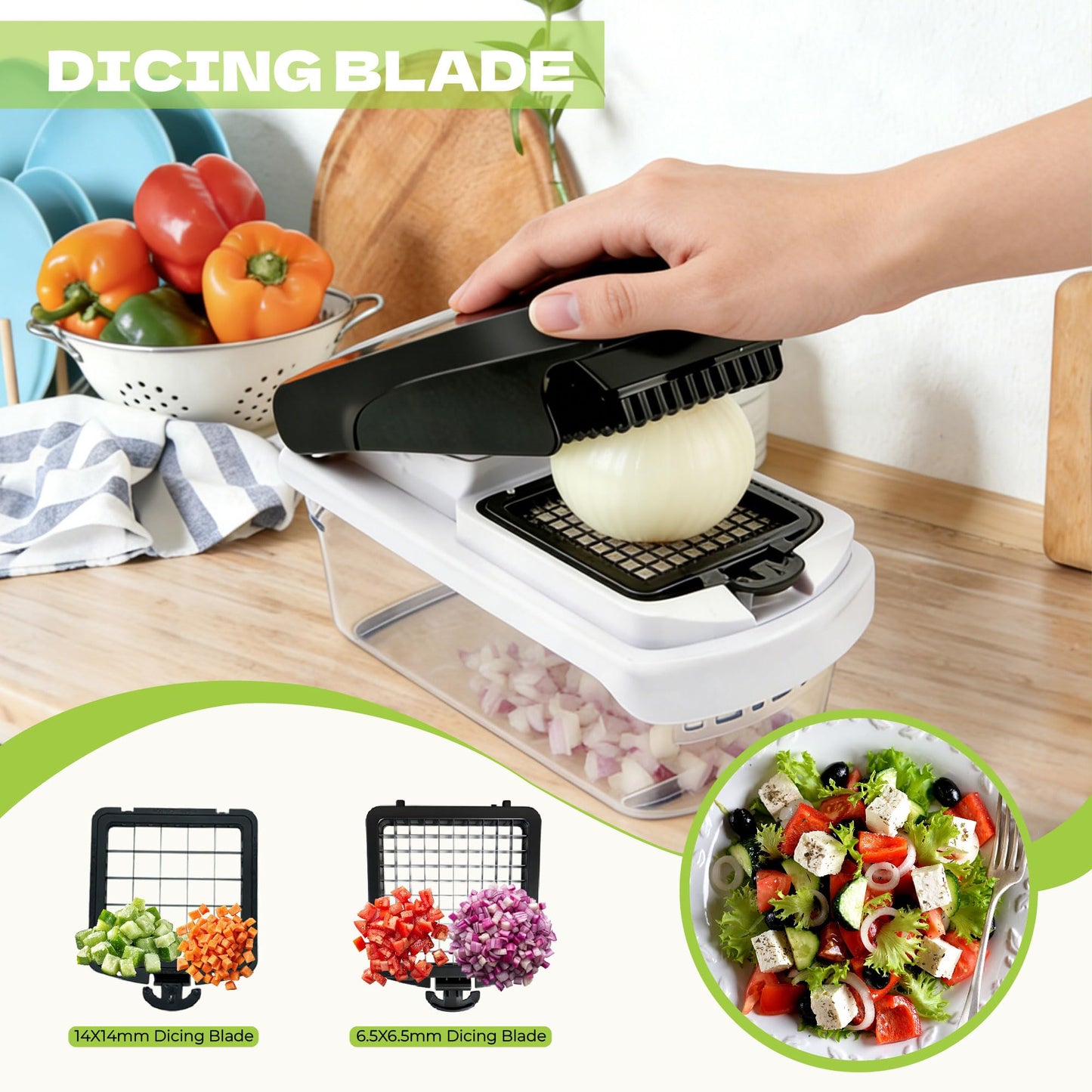 KISIQI Vegetable Chopper With Container 4.5" x 9", 17-in-1 Food Chopper with Onion Slicer & Potato Slicer, Built-in Storage Box for Kitchen Gadgets, Includes Safety Gloves & Peeler for Home Essentials