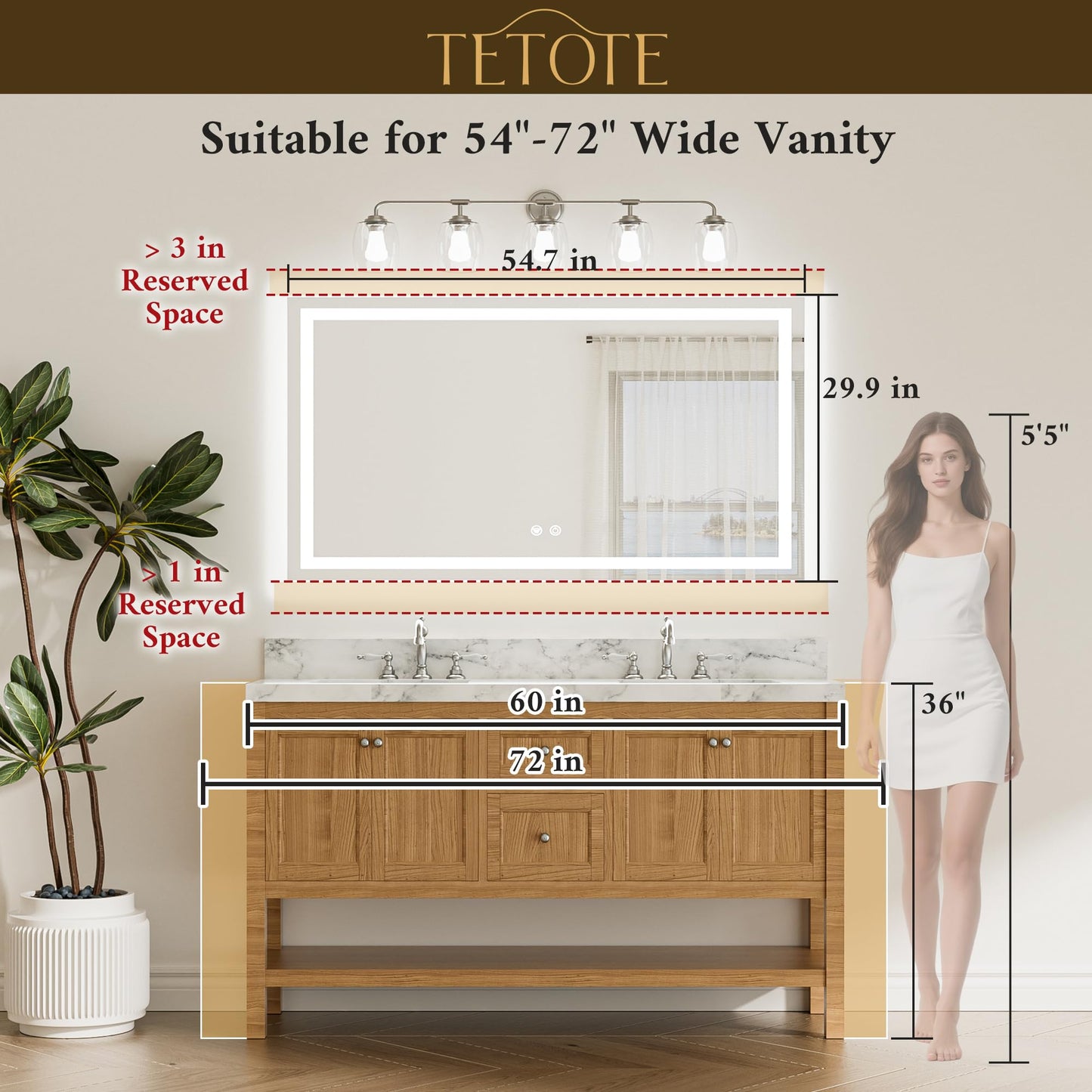 TETOTE 55 x 30 LED Bathroom Mirror with Frontlit and Backlit, Brighter Light up Bathroom Vanity Mirror with Lights, 3-Color Dimmable Lighted Vanity Anti Fog Mirror, Waterproof, Shatterproof