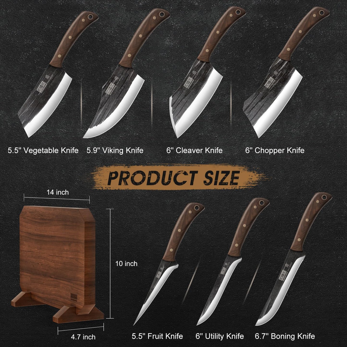 HOSHANHO 8 Pieces Butcher Kitchen Knife Set, Hand Forged High Carbon Stainless Steel Magnetic Knife Block Set, Ultra Sharp Chef Knives Set with Meat Cleaver Knife & Bone Chopper Knives Gift for Men