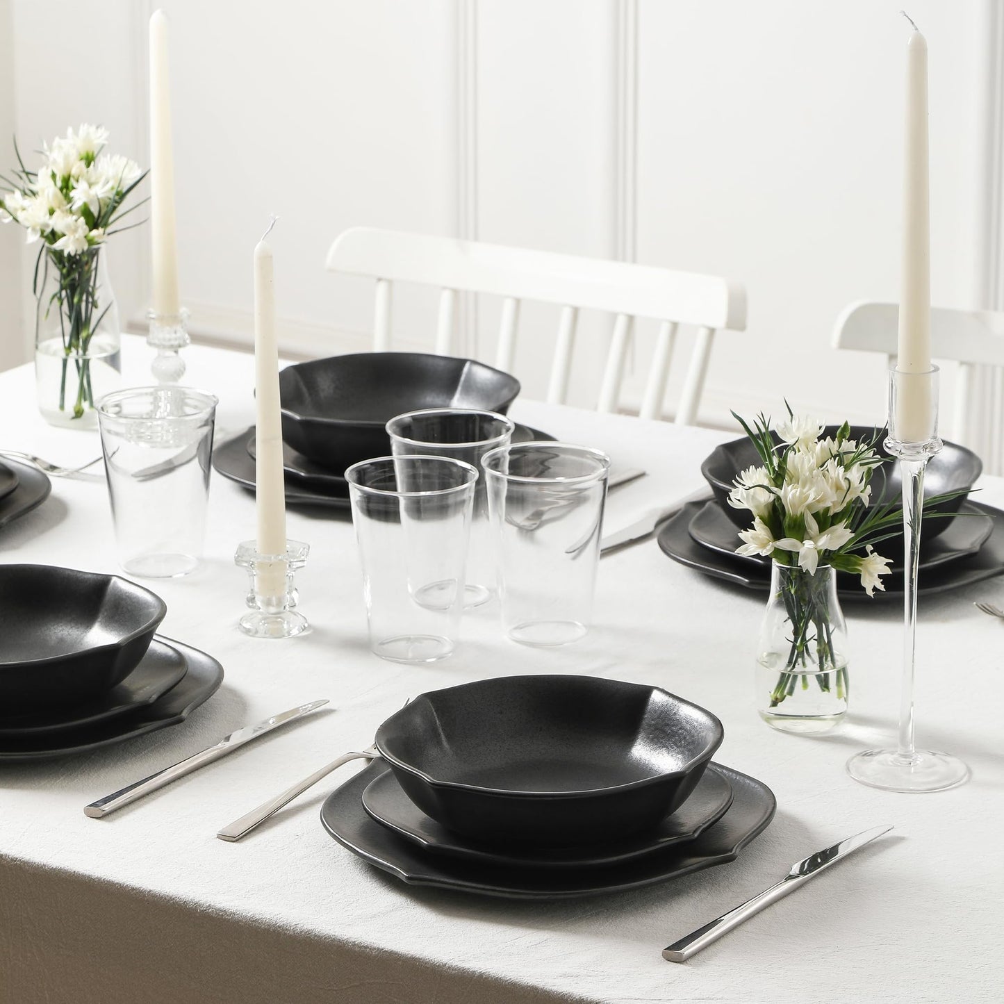 Stone Lain Baskerville 32-Piece Dinnerware Set Stoneware, Borosilicate Glass, Black