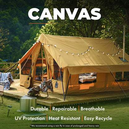 RBM Outdoors Panda Air Large Inflatable Canvas Camping Tent for 2–6 People – Air Beam Tent with Stove Jack, Fast Setup, Hand Pump Included, Beige
