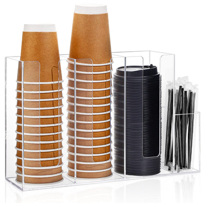 Cunhill 4 Compartments Acrylic Coffee Cup and Lid Storage Organizer Holder Disposable Paper Cup Dispenser Organizer Plastic Lid Holder Accessories for Kitchen Bar Shop Party Supplies(Transparent)