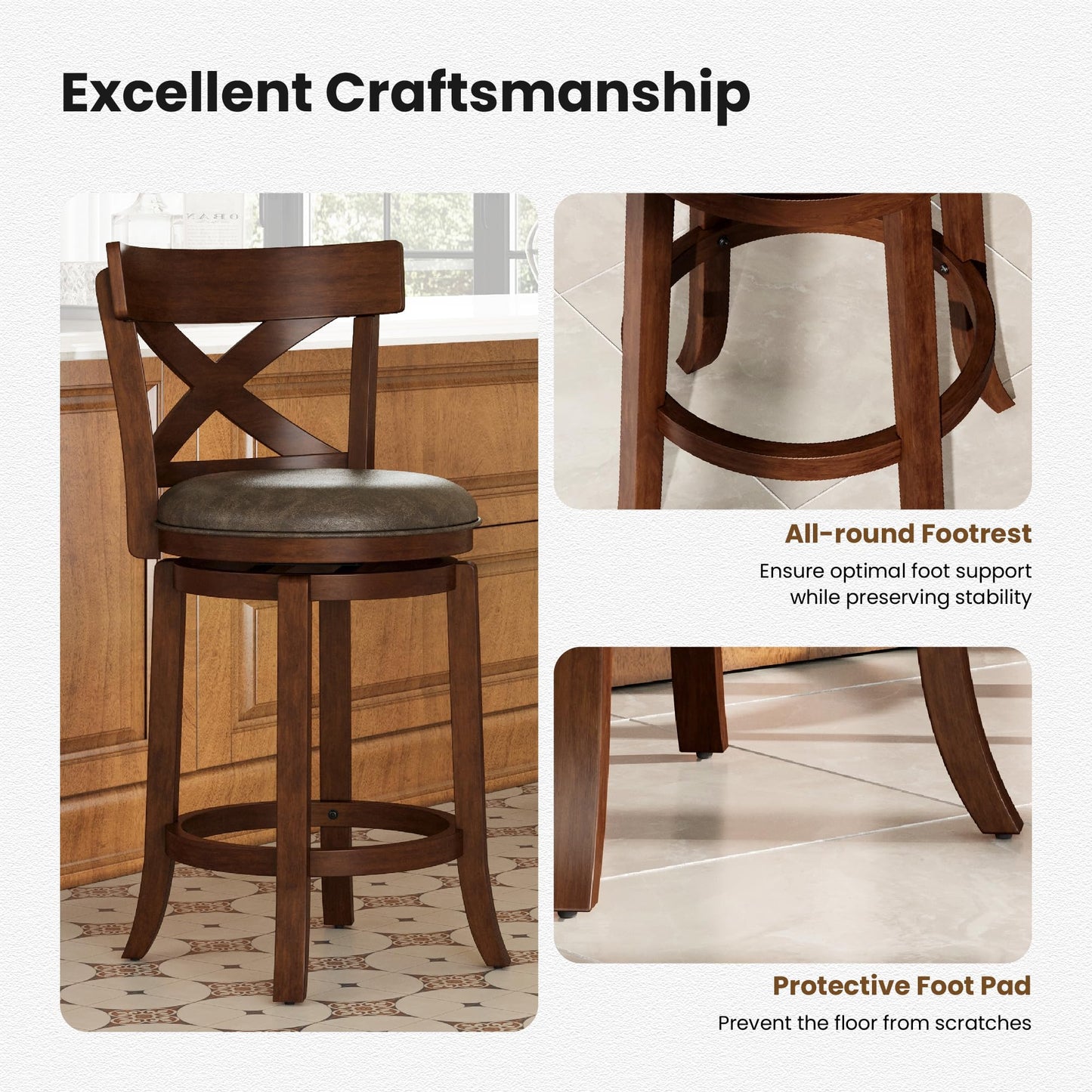 PHI VILLA 26 inch Counter Height Bar Stools Set of 4, Swivel Bar Stools with Back, Wooden Bar Chairs Faux Leather Kitchen Counter Stools