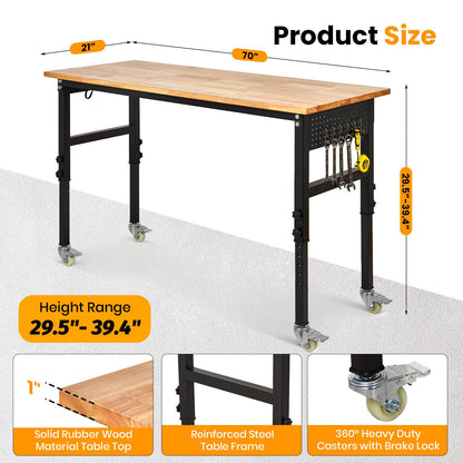 70" Adjustable Workbench with Power Outlet, 2000LBS Capacity Solid Rubber Wood Top & Thickened Steel Legs, 8-Levels Adjustable Heigh Work Table, Easy Assembly for Garage, Workshop, Home