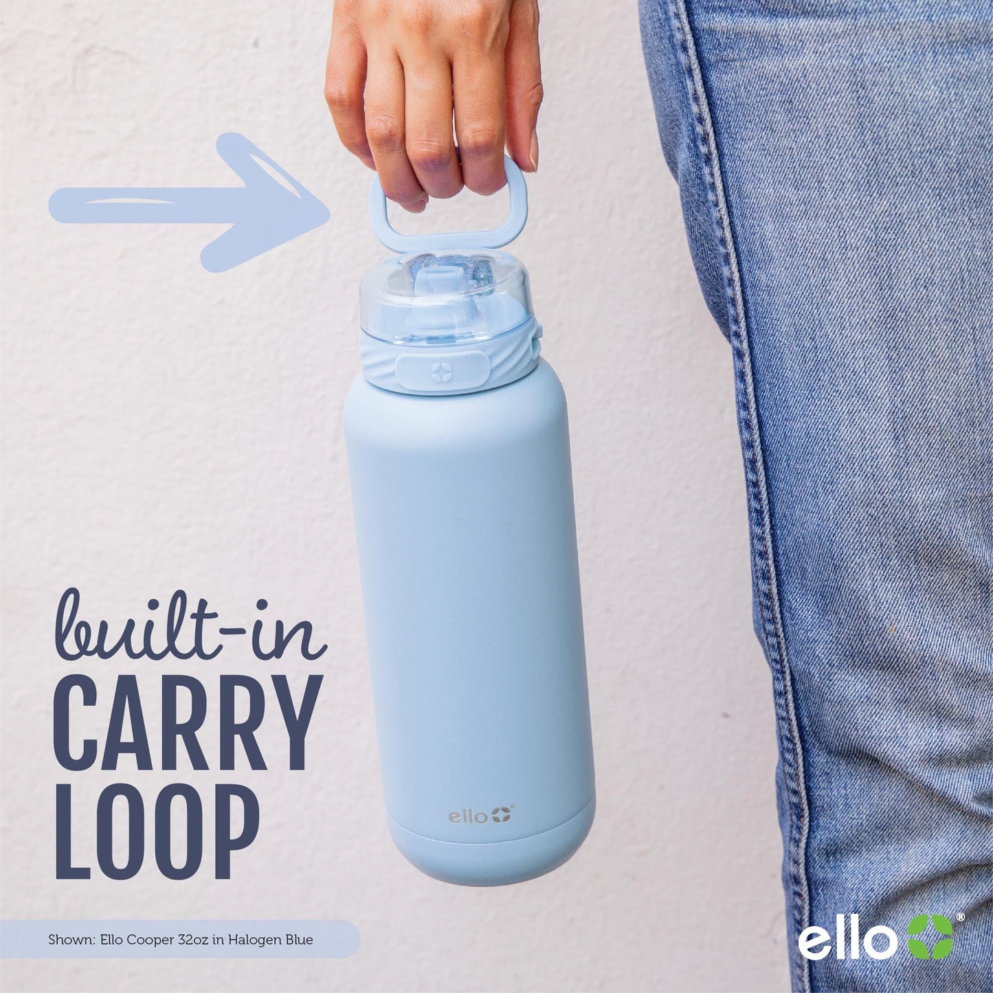 Ello Cooper 22oz Stainless Steel Water Bottle with Straw and Carry Handle, Double Walled and Vacuum Insulated Metal, Leak Proof Locking Lid with Soft Silicone Spout, Reusable, BPA Free, Black