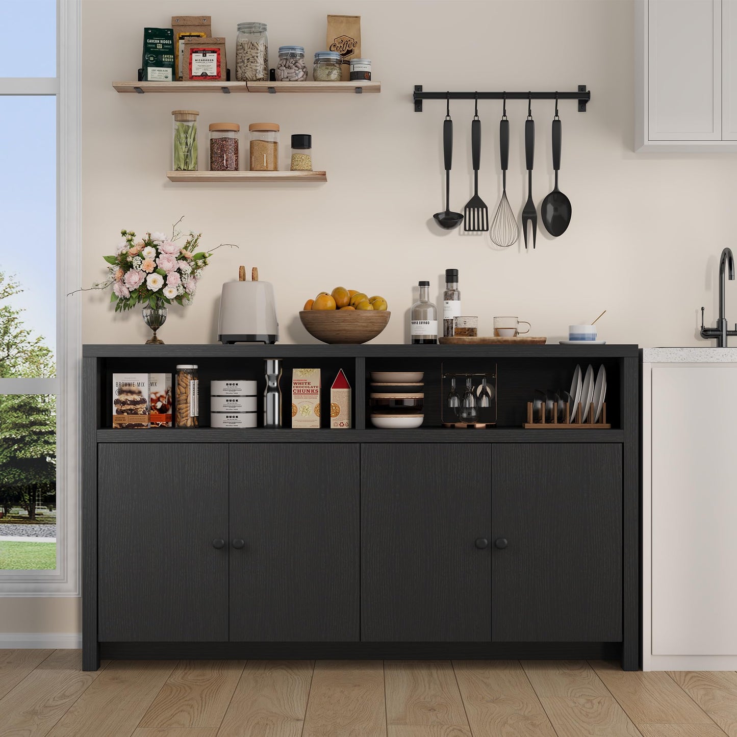 IDEALHOUSE Buffet Sideboard Cabinet with Storage, 55" Large Farmhouse Kitchen Storage Cabinet with 4 Doors & Adjustable Shelves, Wood Coffee Bar Cabinet for Kitchen, Dining Room, Living Room
