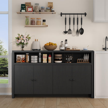 IDEALHOUSE Buffet Sideboard Cabinet with Storage, 55" Large Farmhouse Kitchen Storage Cabinet with 4 Doors & Adjustable Shelves, Wood Coffee Bar Cabinet for Kitchen, Dining Room, Living Room