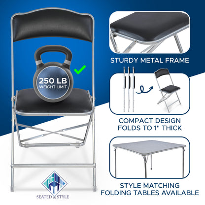Gold Furnishings Premium Folding Chairs 4 Pack – Narrow 15” Seat, Padded Seat & Back – Folds Ultra Slim (~1 Inch) – Elegant Event Seating for Weddings, Parties & Dining Silver Frame Black Vinyl