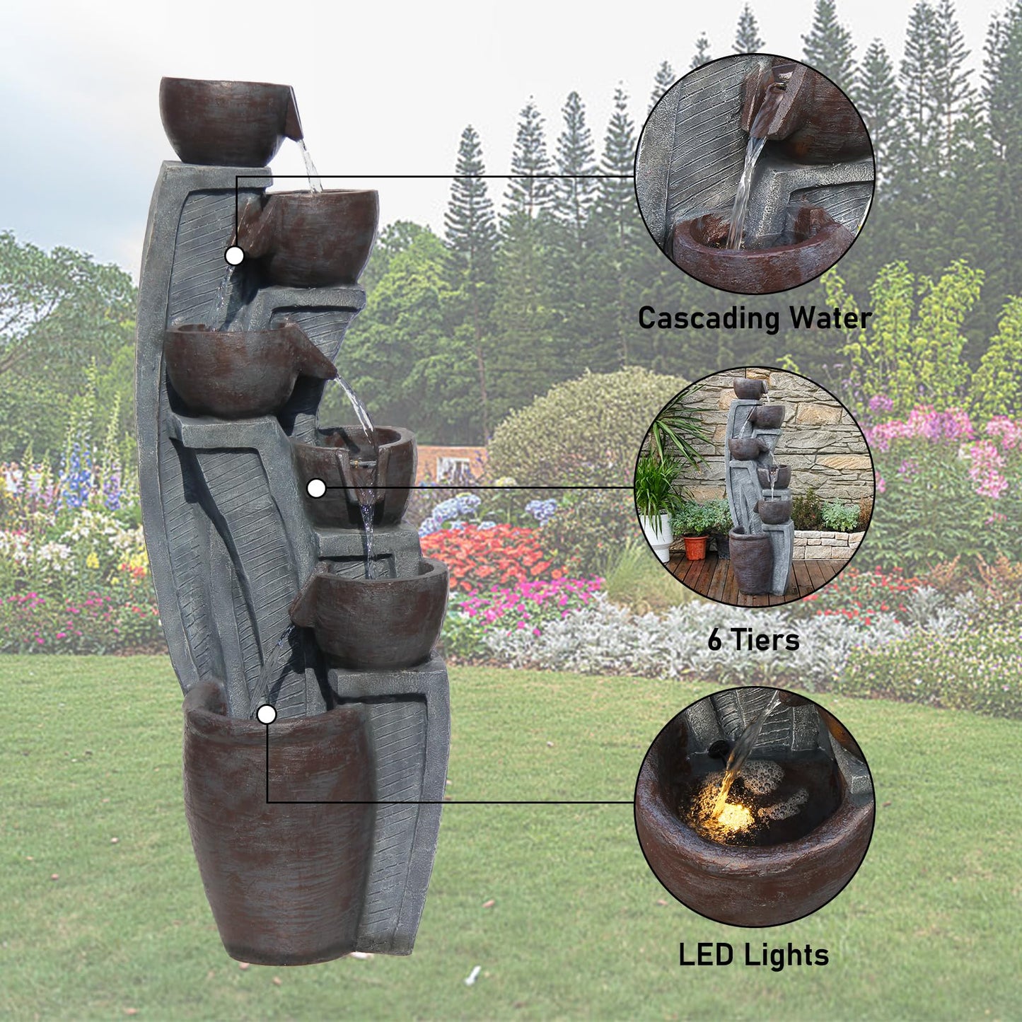 6-Tier Cascading Outdoor Water Garden Fountain 49.61''H Modern Floor-Standing Indoor Waterfall Fountains Bowl and Jar Water Feature with LED Lights for Office Home Art Decor Deck Yard Patio Porch