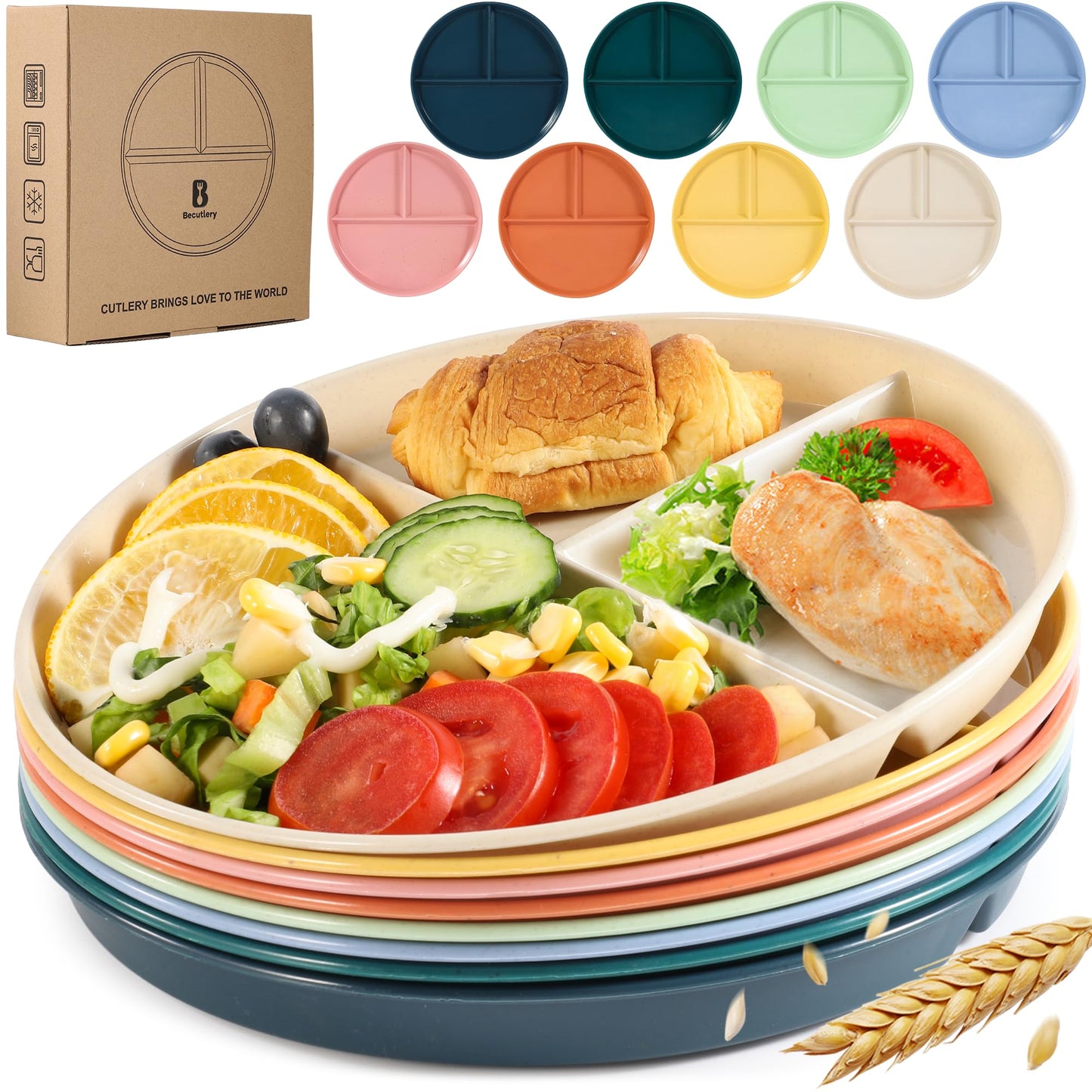 becutlery 9" Unbreakable Divided Plates (8 PCS). Microwave & Dishwasher Safe! For kids & adults. Wheat straw, BPA - free. Portion control for health/weight loss. 3 -compartment, durable & smooth.